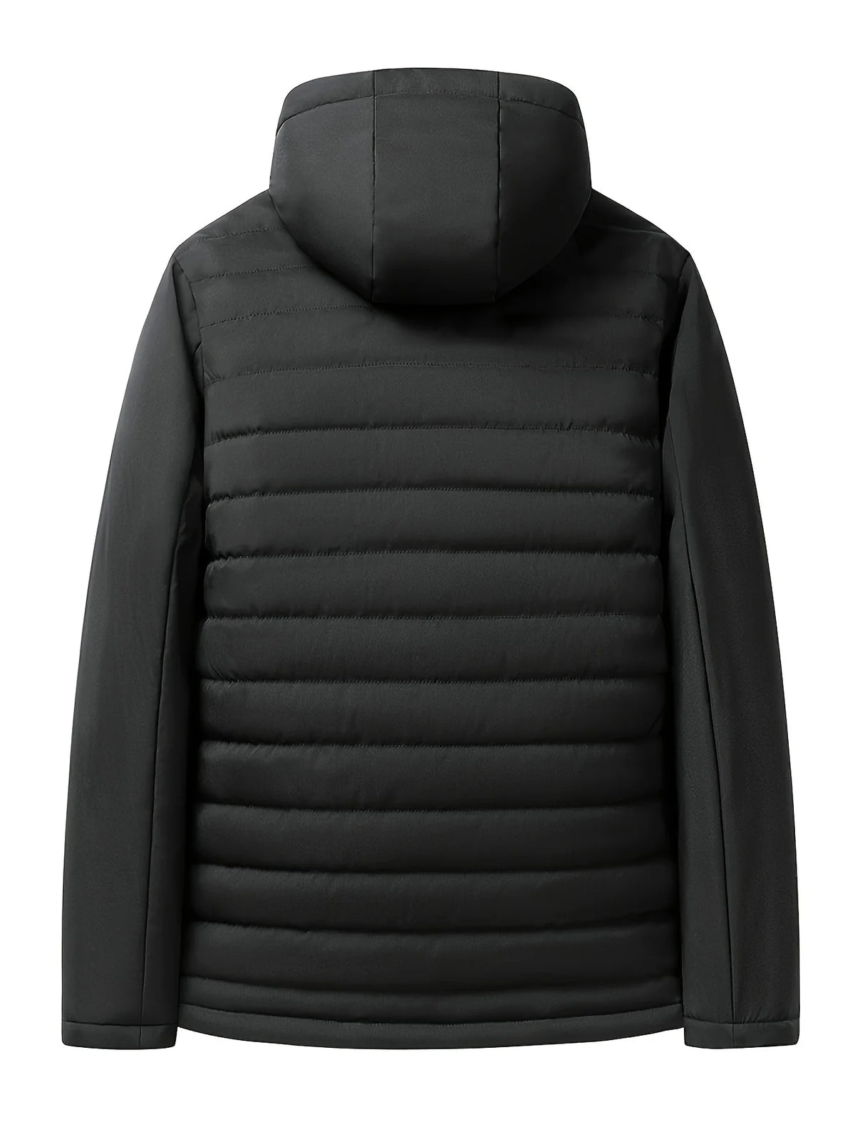 Men's black hooded insulated winter coat, full back view