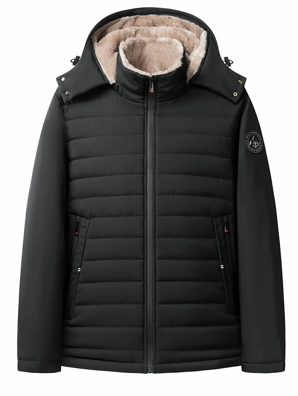 Men's black hooded winter coat with snap collar, front view