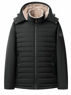 Men's black hooded winter coat with snap collar, front view