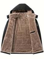 Men's black hooded winter coat, hood and collar close-up