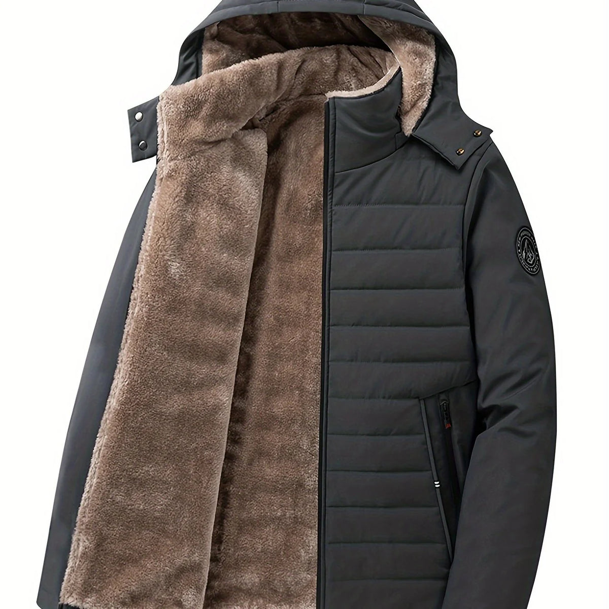 Men's black hooded insulated winter coat, three-quarter view