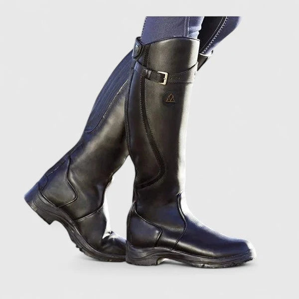 Women's black supportive buckled ankle boots, with an adjustable strap