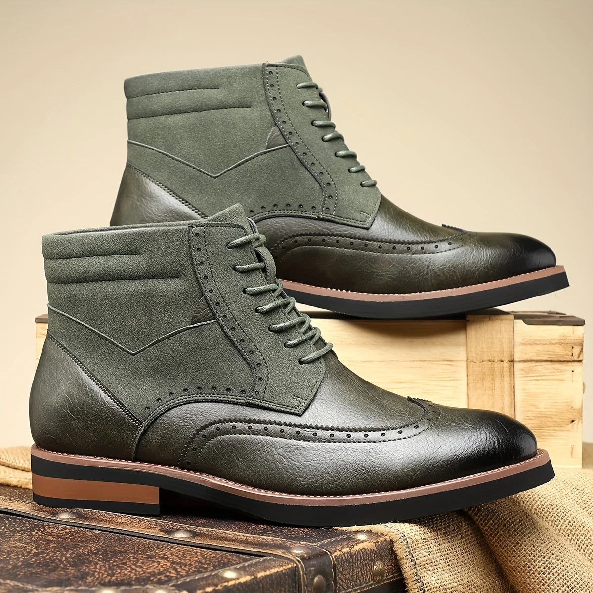 Men's yellow lace-Up Wingtip Boots with Brogue Detail for Winter