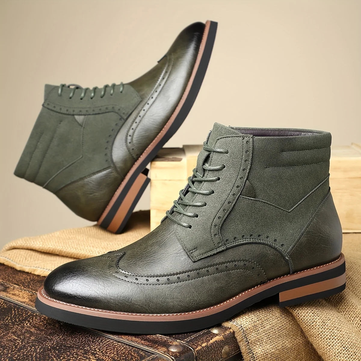 Men's yellow lace-Up Wingtip Boots with Brogue Detail for Winter