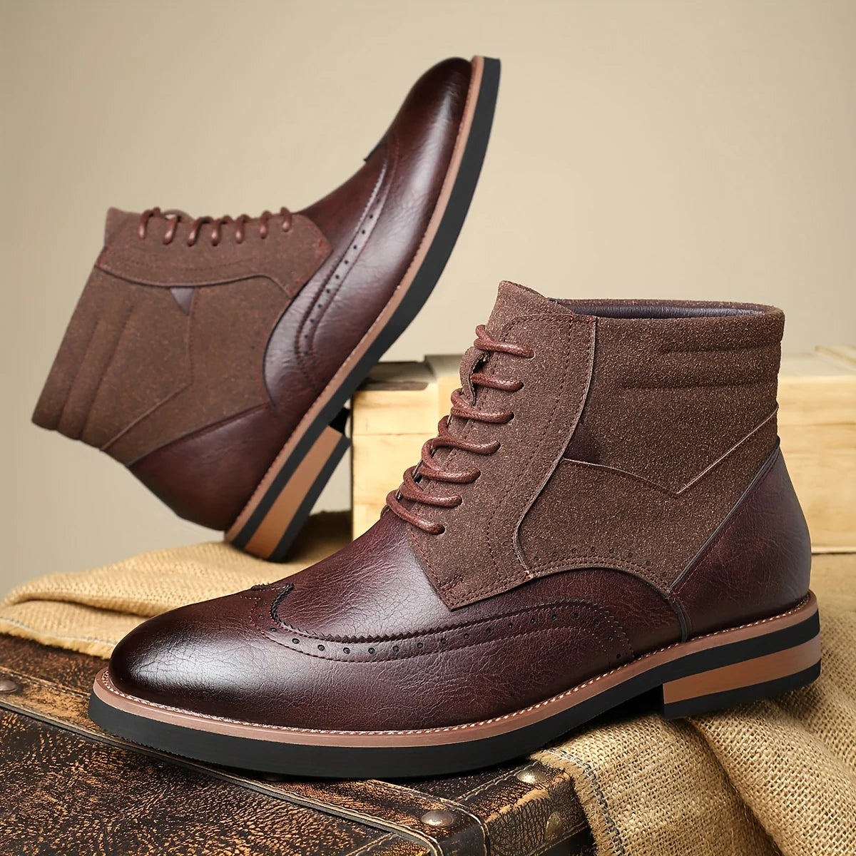 Men's yellow lace-Up Wingtip Boots with Brogue Detail for Winter