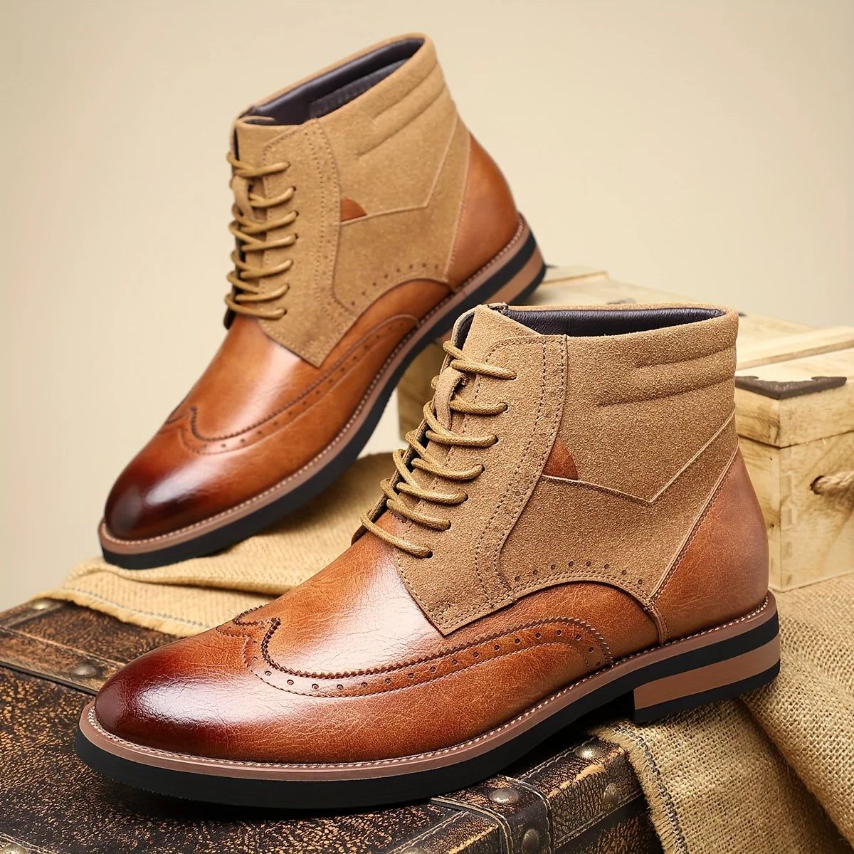 Men's yellow lace-Up Wingtip Boots with Brogue Detail for Winter