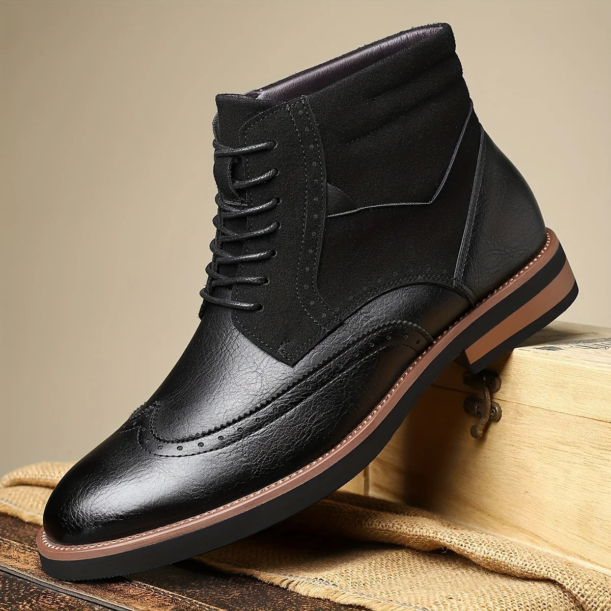 Men's yellow lace-Up Wingtip Boots with Brogue Detail for Winter