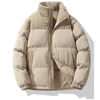 Women's khaki oversized Stand-Collar Puffer Jacket with Corduroy Trim