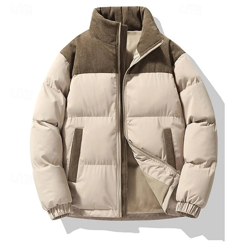 Women's green oversized Stand-Collar Puffer Jacket with Corduroy Trim