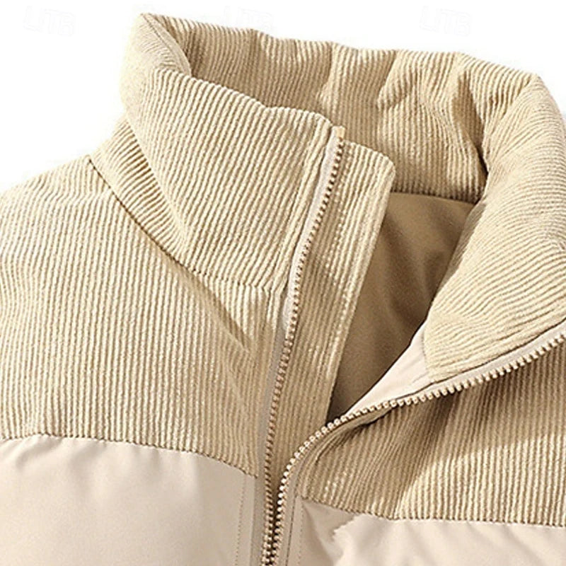 Women's light sky blue oversized Stand-Collar Puffer Jacket with Corduroy Trim