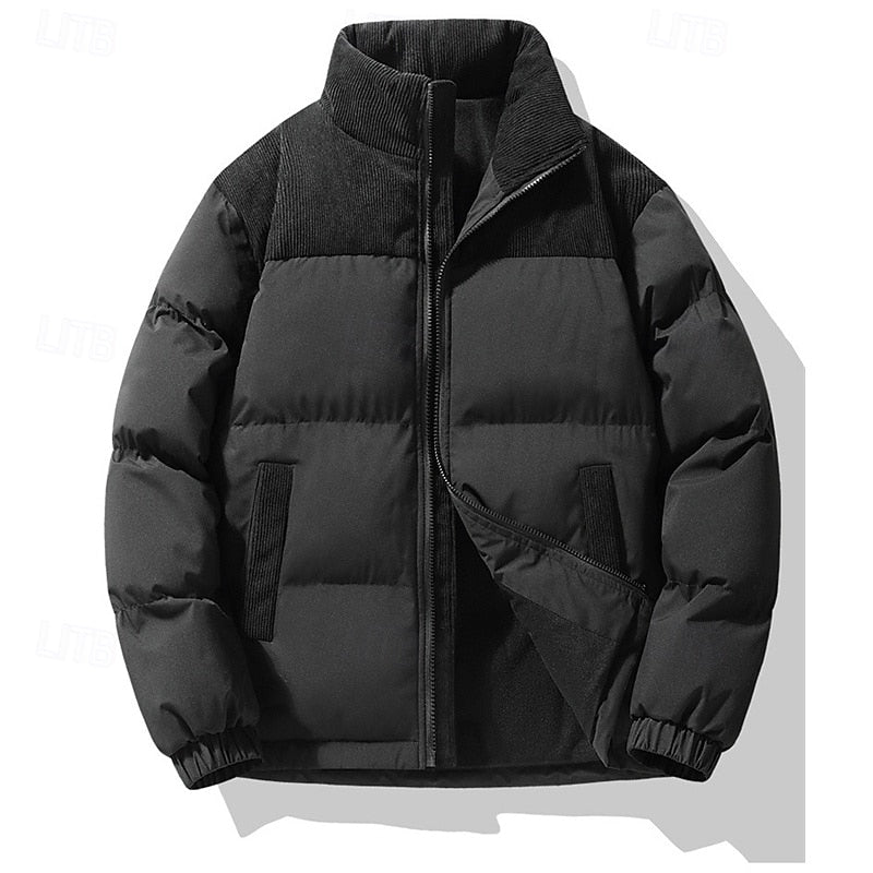 Women's brown oversized Stand-Collar Puffer Jacket with Corduroy Trim