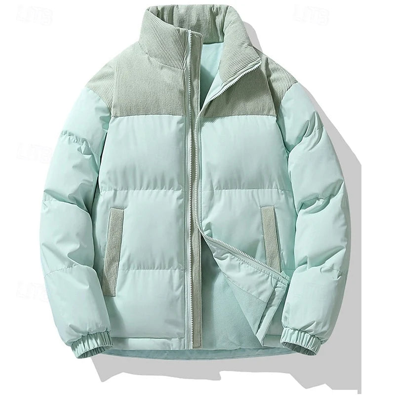Women's green oversized Stand-Collar Puffer Jacket with Corduroy Trim