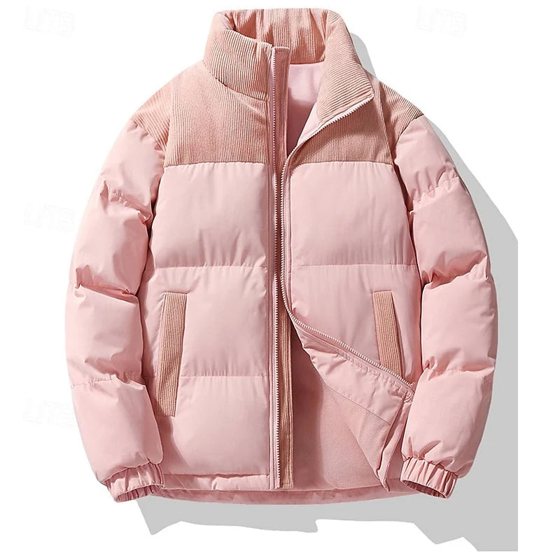 Women's green oversized Stand-Collar Puffer Jacket with Corduroy Trim