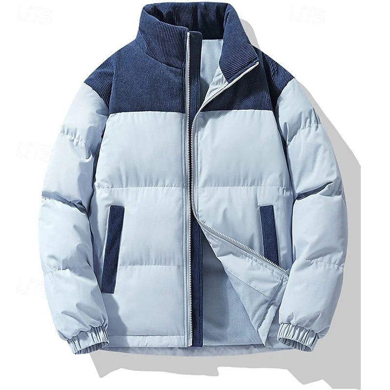 Women's green oversized Stand-Collar Puffer Jacket with Corduroy Trim