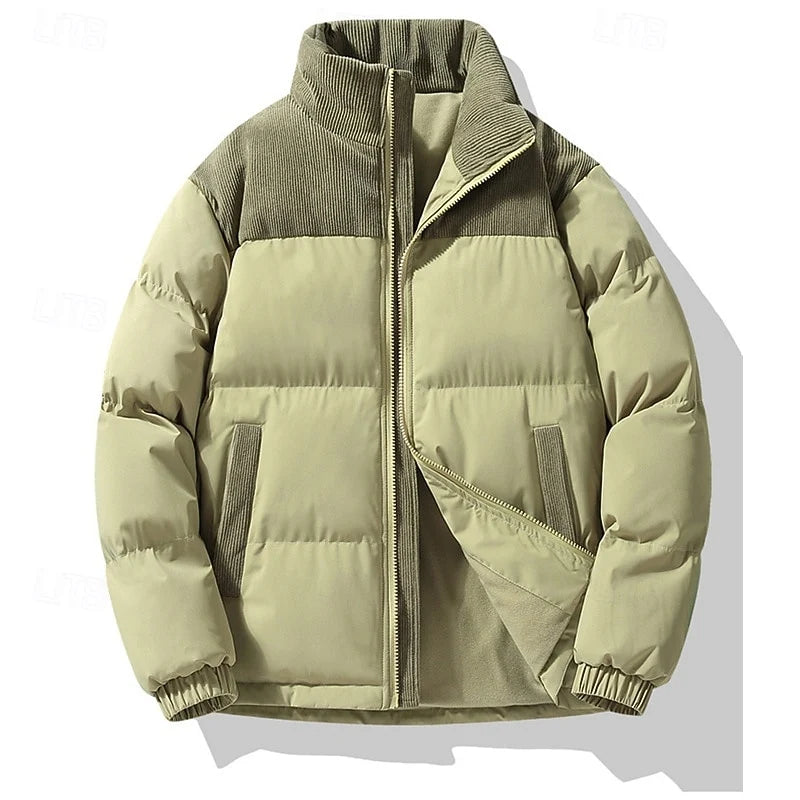 Women's green oversized Stand-Collar Puffer Jacket with Corduroy Trim