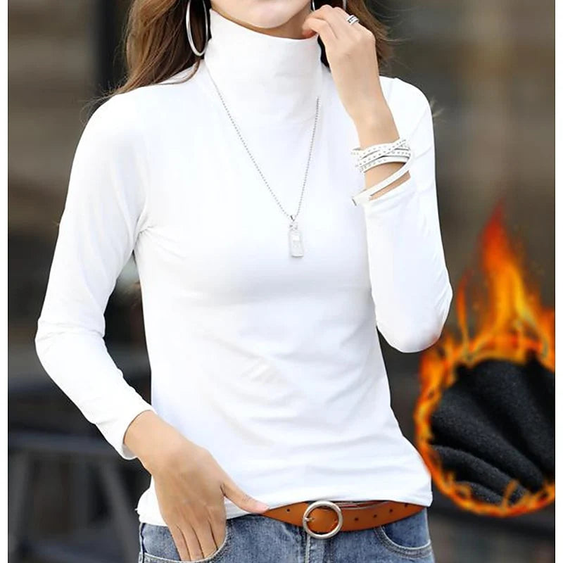 Women's high neck white fleece fitted Fleece-Lined Turtleneck Top for Layering
