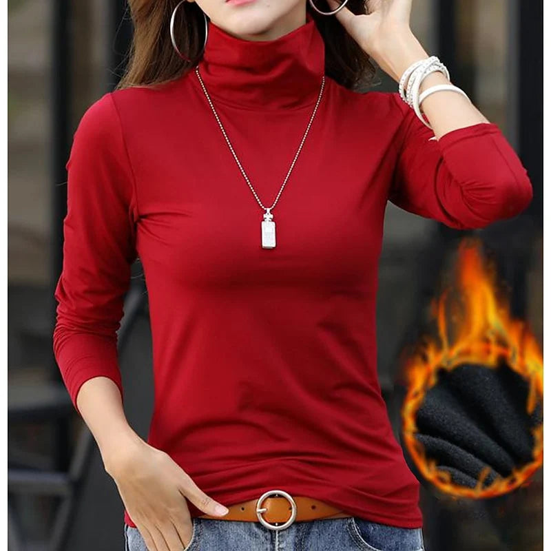 Women's turtleneck burgundy plus velvet fitted Fleece-Lined Turtleneck Top for Layering