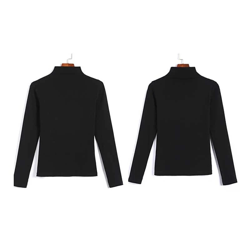 Women's turtleneck black fleece fitted Fleece-Lined Turtleneck Top for Layering