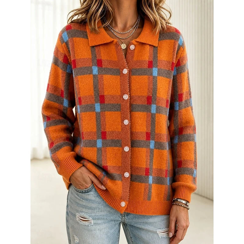 Women's orange plaid button-front cardigan with patch pockets