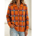 Women's orange plaid button-front cardigan with patch pockets
