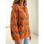 Women's orange plaid button-front cardigan with patch pockets