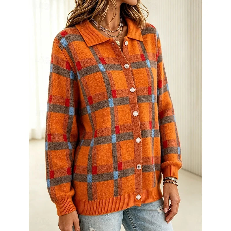 Women's orange plaid button-front cardigan with patch pockets