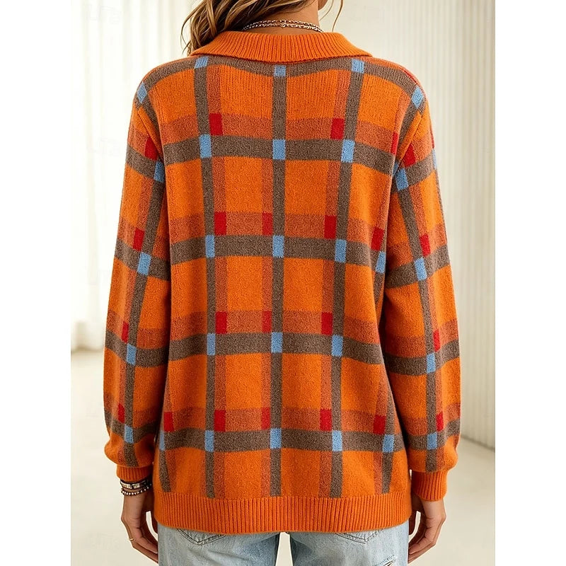 Women's orange plaid button-front cardigan with patch pockets