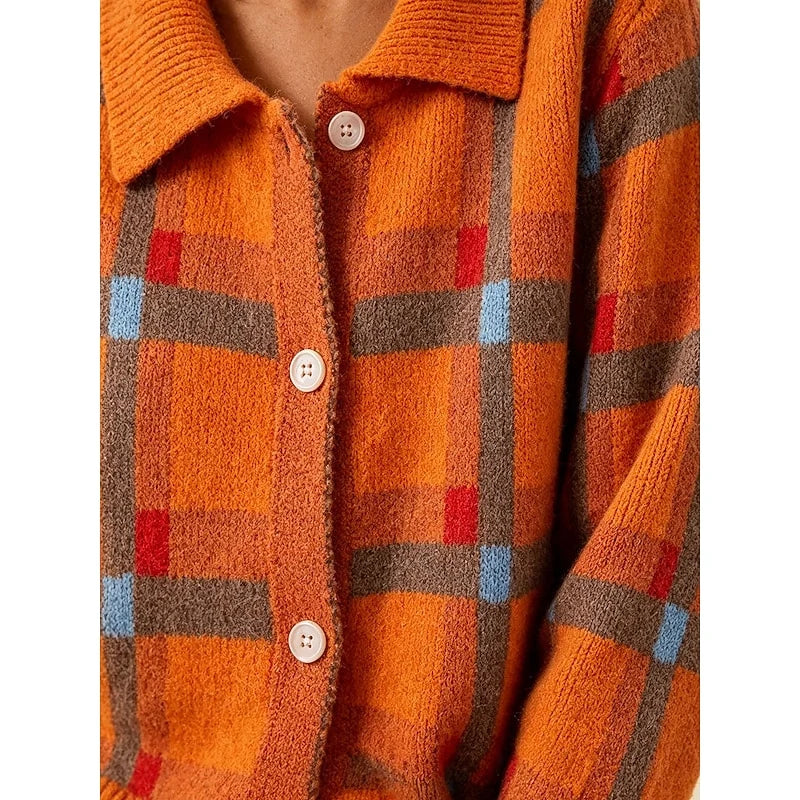 Women's orange plaid button-front cardigan with patch pockets