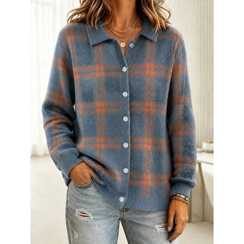 Women's dusty blue plaid button-front cardigan with patch pockets