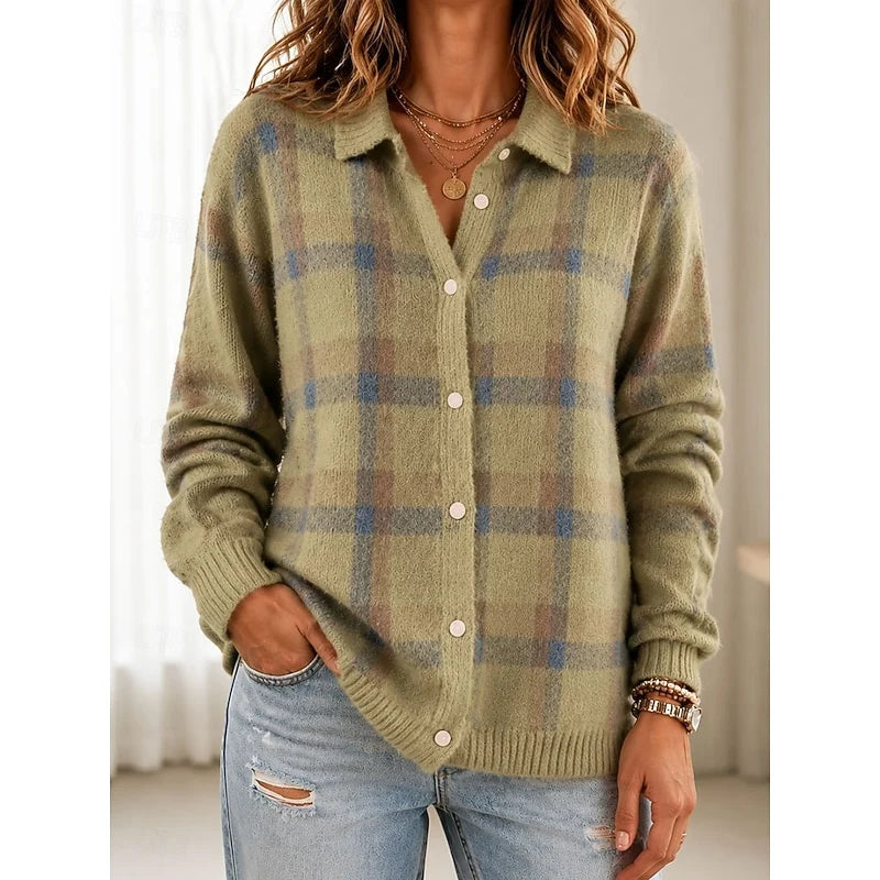Women's khaki plaid button-front cardigan with patch pockets