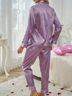 Women's malachite green satin Button-Front Long-Sleeve Lounge Set with Piping