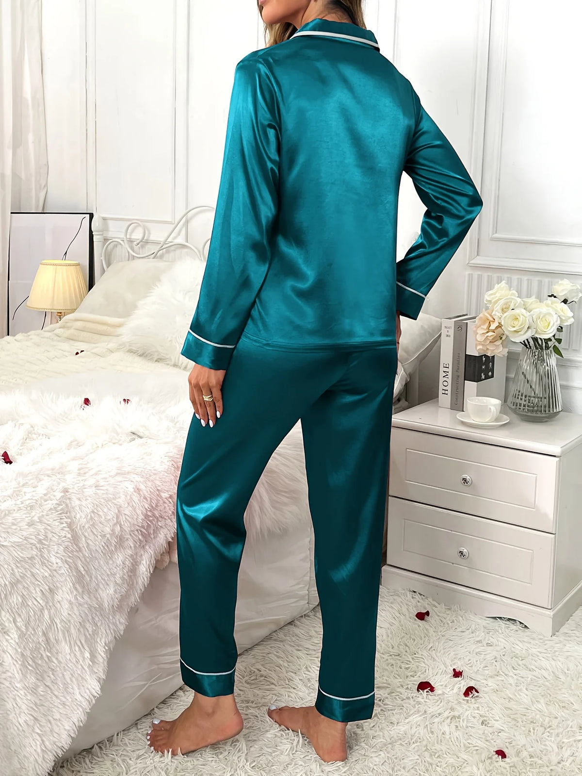 Women's black satin Button-Front Long-Sleeve Lounge Set with Piping