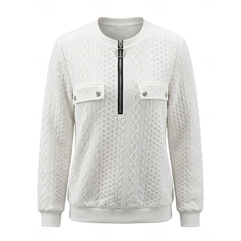 Women's white cable-textured Quarter-Zip Sweater with Pockets