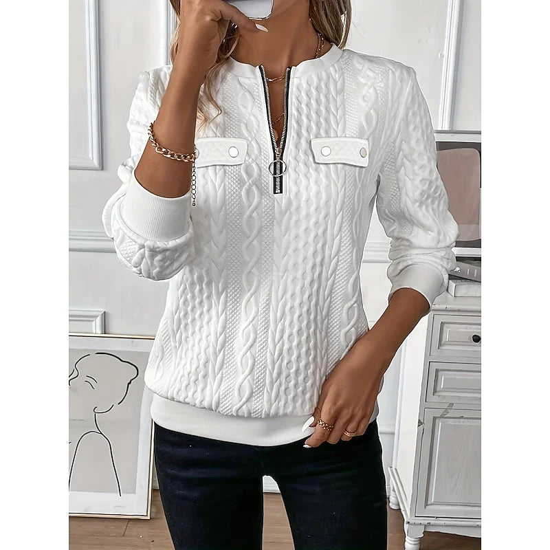 Women's black cable-textured Quarter-Zip Sweater with Pockets