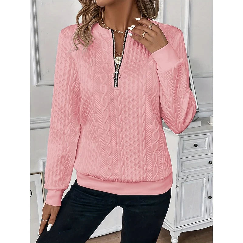 Women's navy blue cable-textured Quarter-Zip Sweater with Pockets