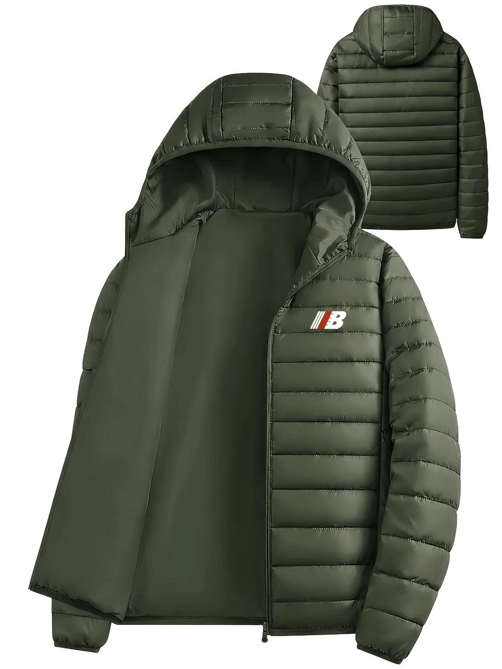 Men's dark green lightweight Hooded Puffer Jacket with Zip Pockets