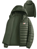 Men's dark green lightweight Hooded Puffer Jacket with Zip Pockets