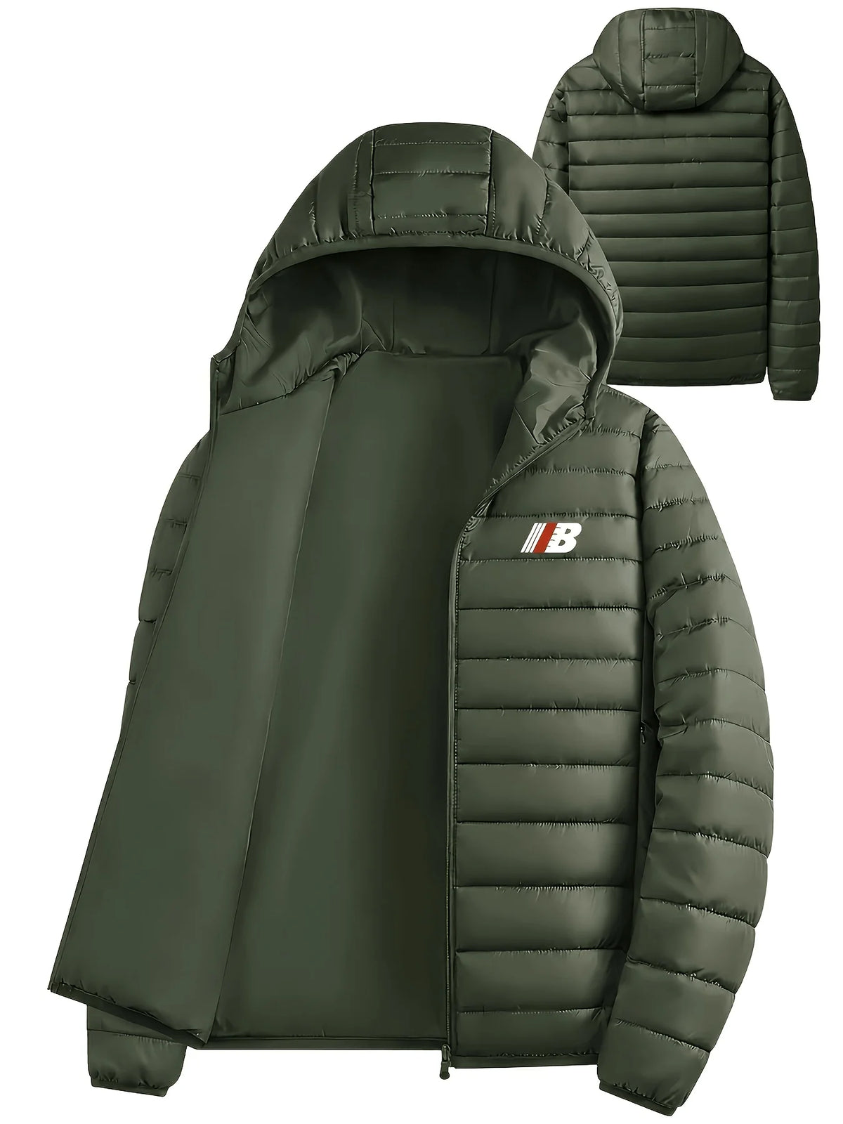 Men's dark green lightweight Hooded Puffer Jacket with Zip Pockets