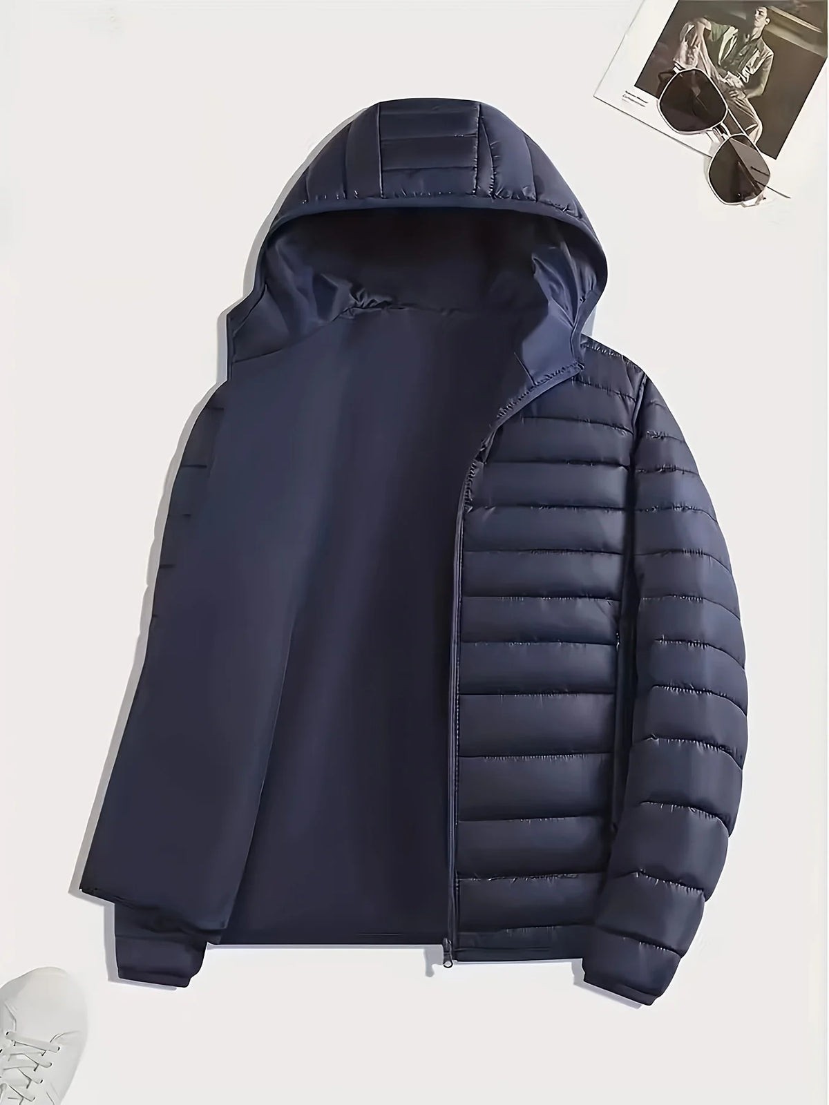Men's navy lightweight Hooded Puffer Jacket with Zip Pockets
