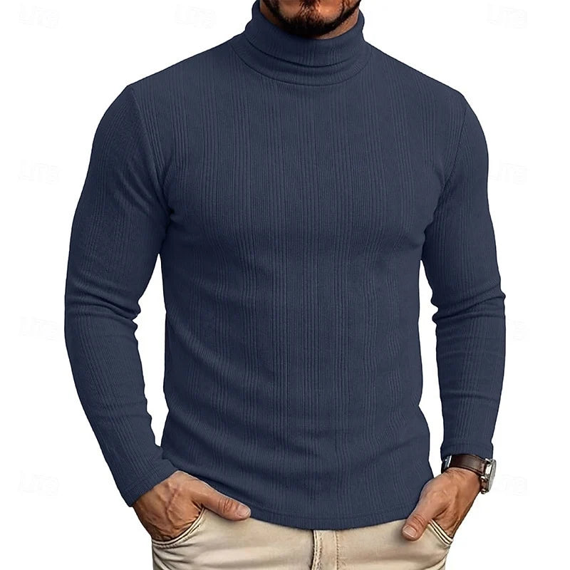 Men's royal blue ribbed turtleneck sweater, slim fit knit
