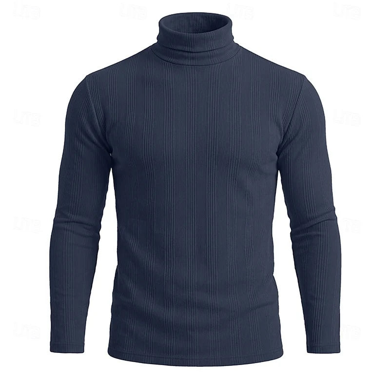 Men's royal blue ribbed turtleneck sweater, slim fit knit
