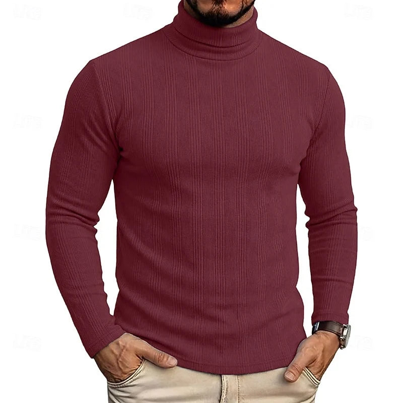 Men's burgundy ribbed turtleneck sweater, slim fit knit