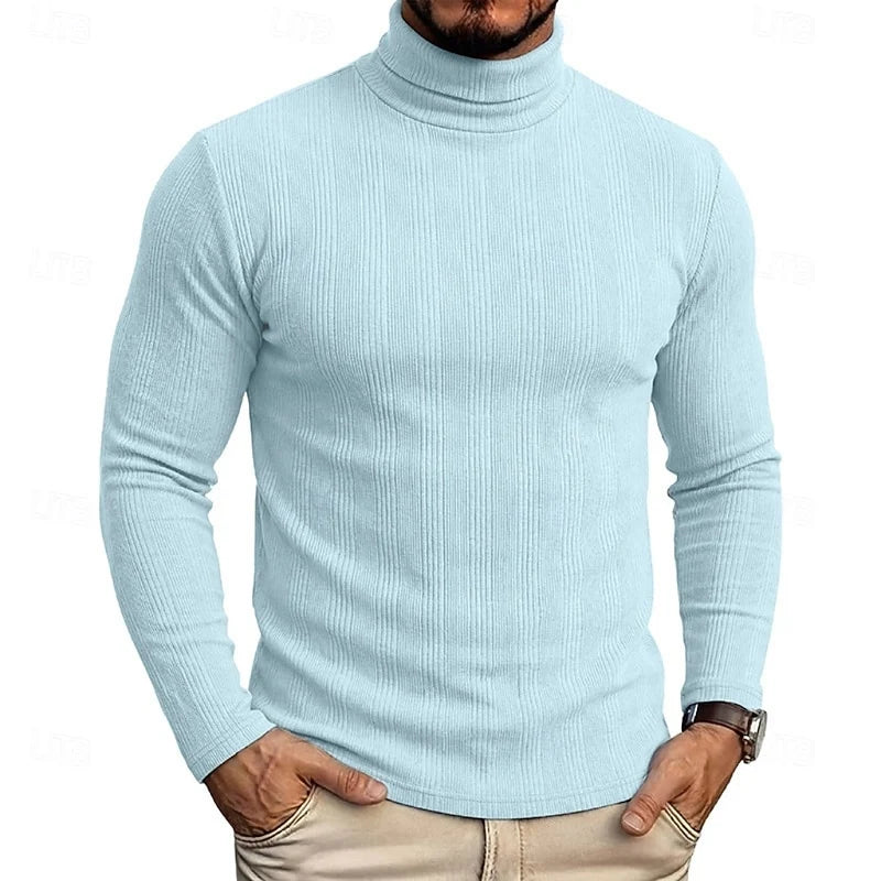 Men's light blue ribbed turtleneck sweater, slim fit knit