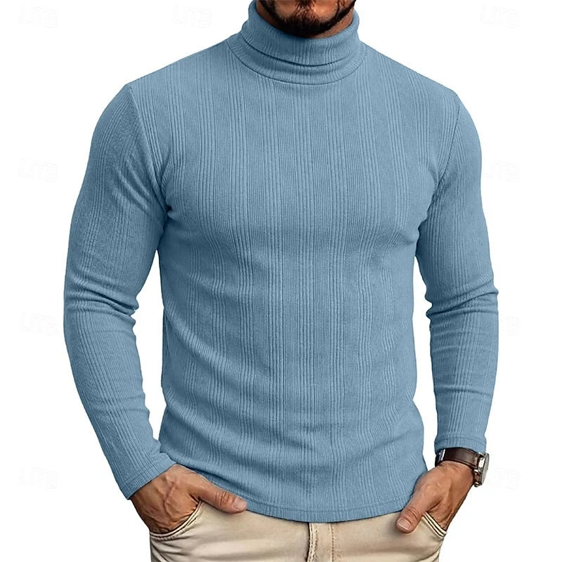 Men's steel blue ribbed turtleneck sweater, slim fit knit