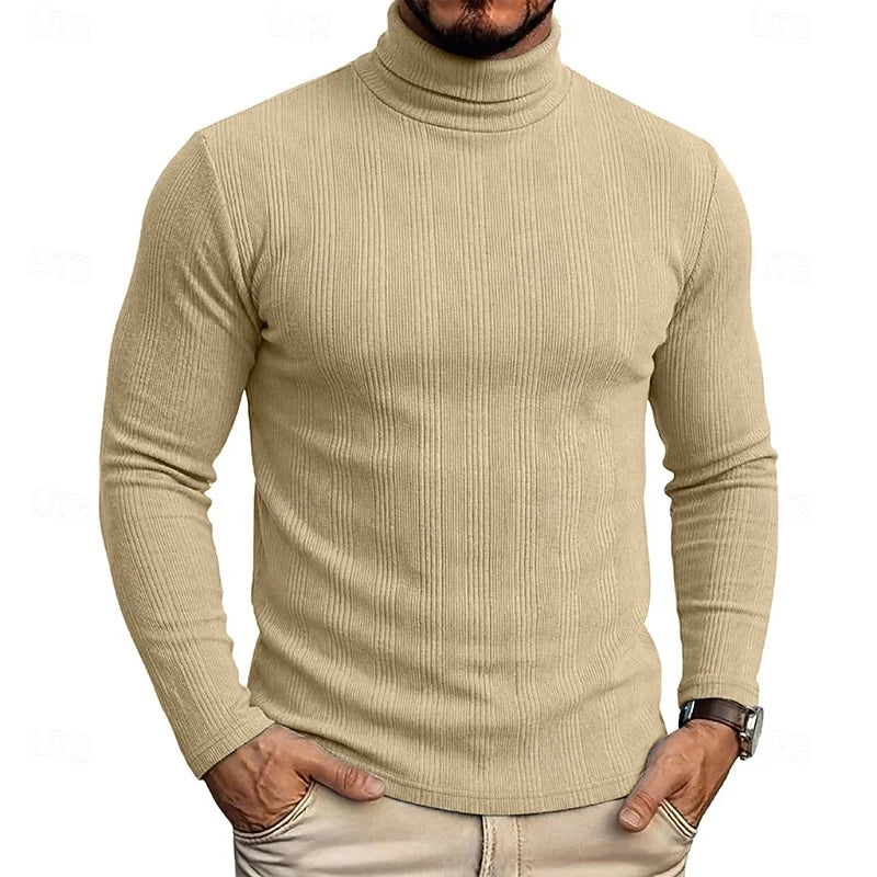 Men's beige ribbed turtleneck sweater, slim fit knit