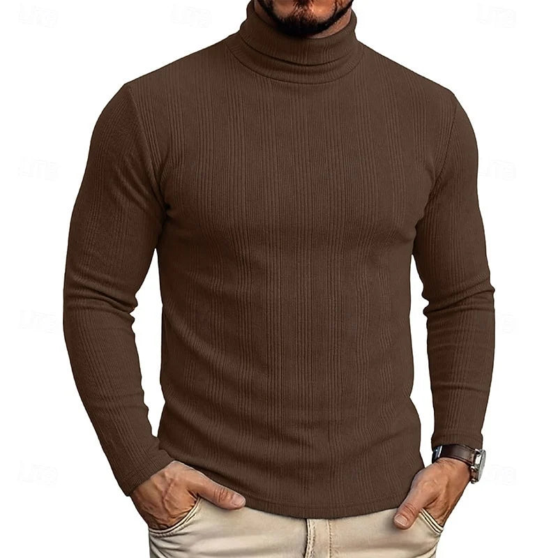 Men's brown ribbed turtleneck sweater, slim fit knit
