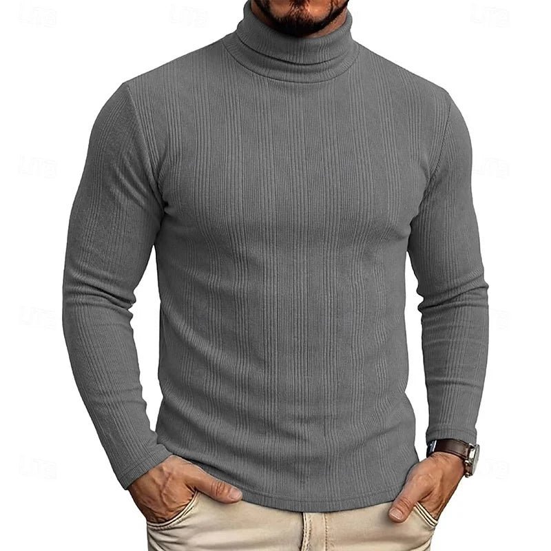 Men's gray ribbed turtleneck sweater, slim fit knit