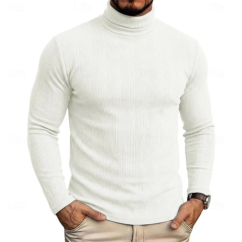 Men's white ribbed turtleneck sweater, slim fit knit