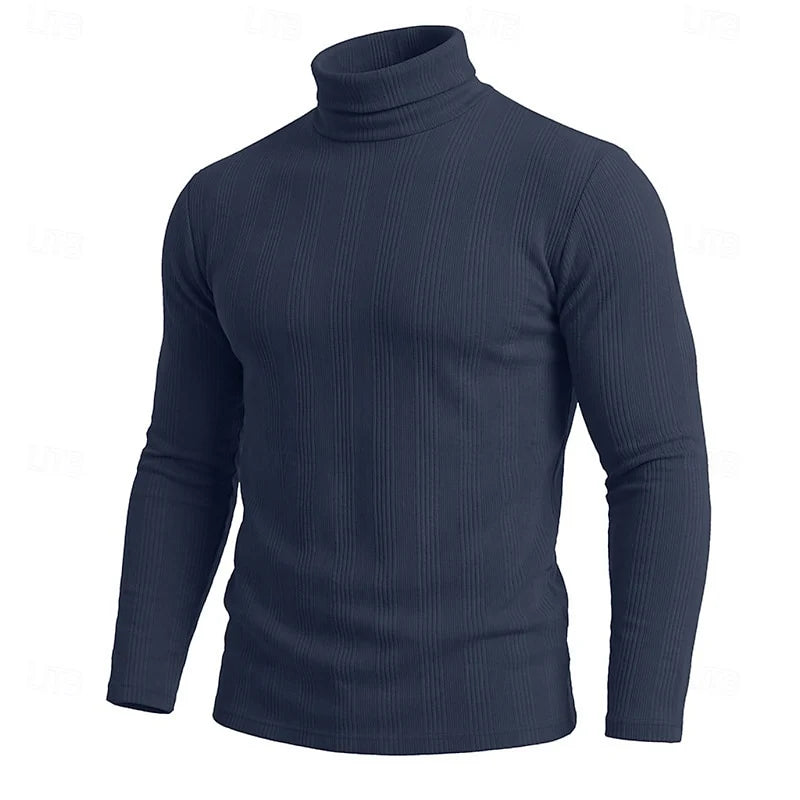 Men's royal blue ribbed turtleneck sweater, slim fit knit