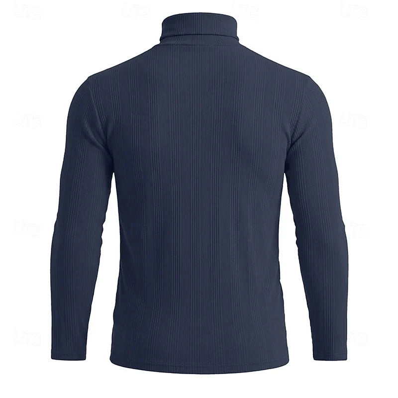 Men's royal blue ribbed turtleneck sweater, slim fit knit